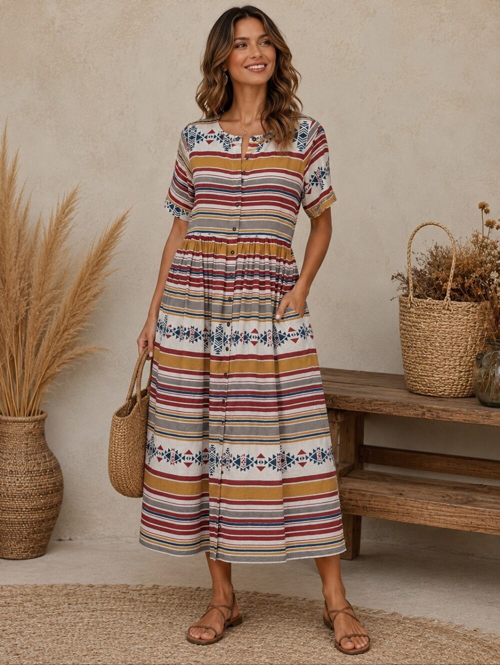 Utsa Southwestern Cotton Linen Midi Dress XS Boho Prairie Festival